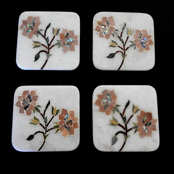 Designers Other - White Marble Coasters With Abalone and Stone Flower Inlay India
